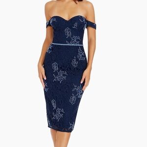 Dress the Population Marietta beaded lace off shoulder cocktail dress